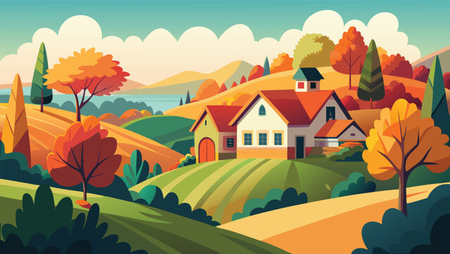 Autumn farm landscape with rolling hills and trees during golden hour vector illustration