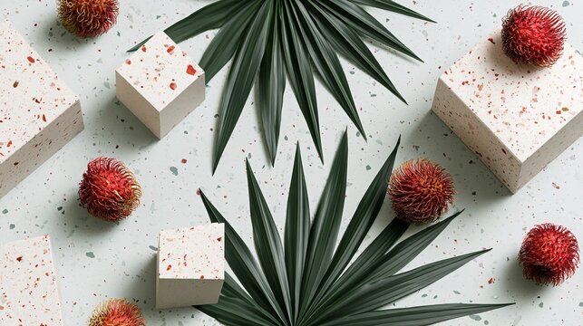 A modern editorial composition on pale terrazzo featuring geometric placement of rambutan fruit and tropical leaves