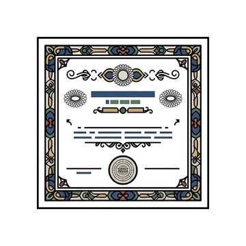 Flat vector share certificate template with decorative border and official seal