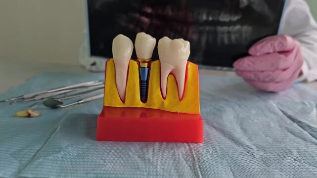 Demonstration of dental procedure with model teeth at a dental clinic