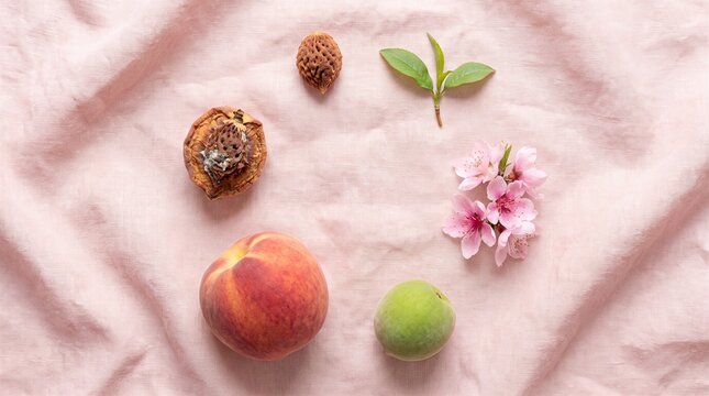 Flat lay conceptual composition of a peach life cycle from blossom and green fruit to ripe peach, seed, and decay on pink linen fabric.