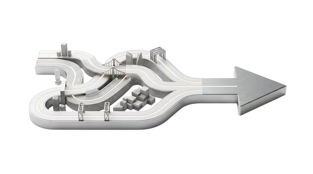 Conceptual 3d illustration of a winding road merging into a single arrow isolated on transparent background