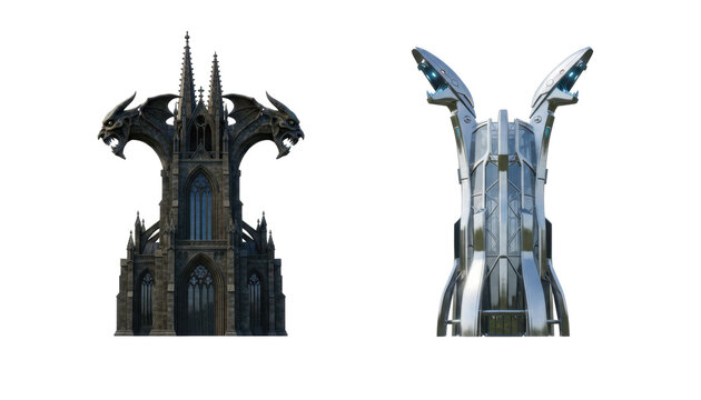 Gothic Stone Cathedral and Futuristic Sci-Fi Tower Structure