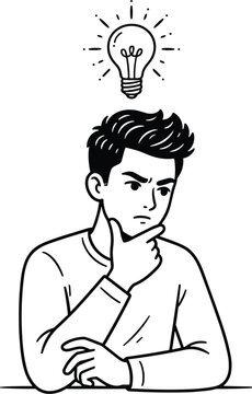 Thoughtful young man sitting at desk looking down in deep concentration while creative lightbulb idea sparks overhead