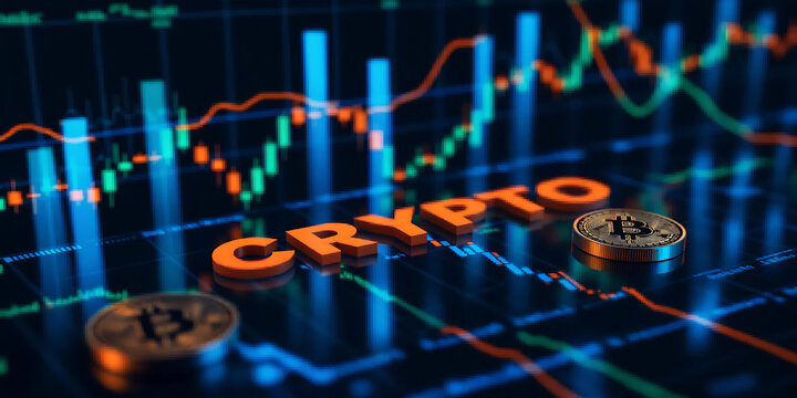 bull market financial freedom by investing in bitcoin or crypto currencies concept with charts and analysis as wide banner design with copyspace area. crypto