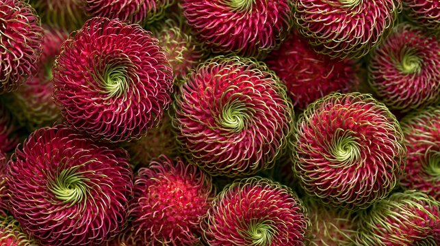 A top-down composition where rambutan fruit creates elegant spiral patterns across the frame