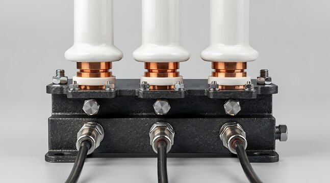 Three electrical insulators with copper coils and cables.