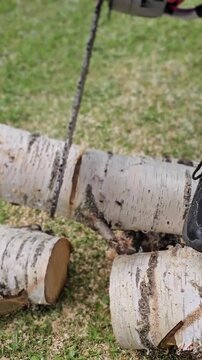 Cutting wood with a chainsaw in a backyard during sunny day