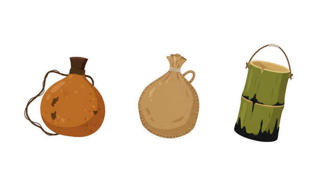 Set of Ancient Water Containers and Bamboo Cup