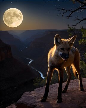 A maned wolf pup in a moonlit canyon