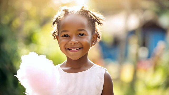 A smiling African American girl with pink cotton candy at an amusement park on a sunny day. The concept of a happy childhood, summer vacation