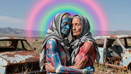 Fototapeta premium Elderly Women Embracing with Anatomical Artistry in Desert Rainbow