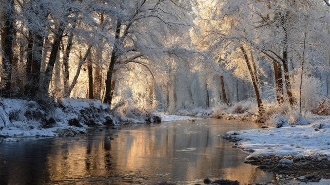 the trees in the snow-covered forest by the stream, their branches heavy with ice and frost, shimmering under the sunlight that filters through them
