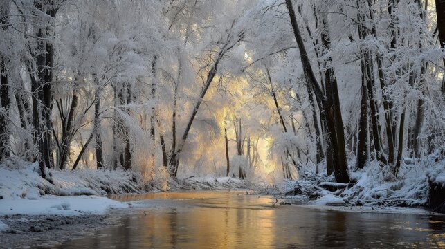 the trees in the snow-covered forest by the stream, their branches heavy with ice and frost, shimmering under the sunlight that filters through them
