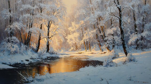 the trees in the snow-covered forest by the stream, their branches heavy with ice and frost, shimmering under the sunlight that filters through them
