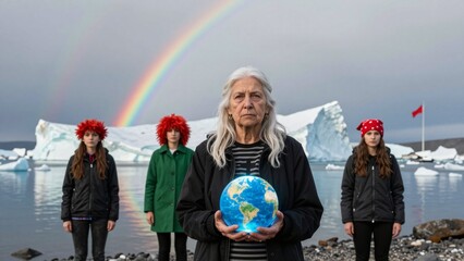 Fototapeta premium Elderly Woman Holding Globe Amid Antarctic Icebergs with Rainbow