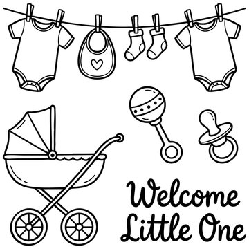 Welcome little one baby shower set with stroller baby clothes on clothesline rattle pacifier stroller clothesline pacifier illustration
