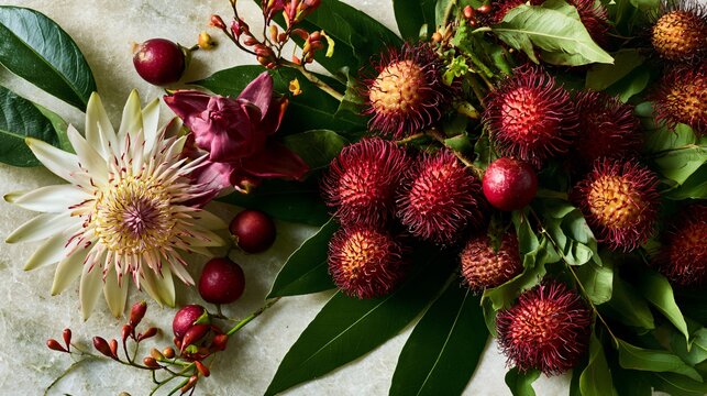 An ingredient-focused composition featuring rambutan fruit surrounded by tropical leaves, exotic flowers, and fresh botanical accents arranged naturally on pale stone