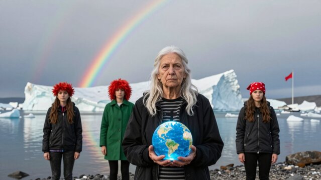 Elderly Woman Holding Globe Amid Antarctic Icebergs with Rainbow