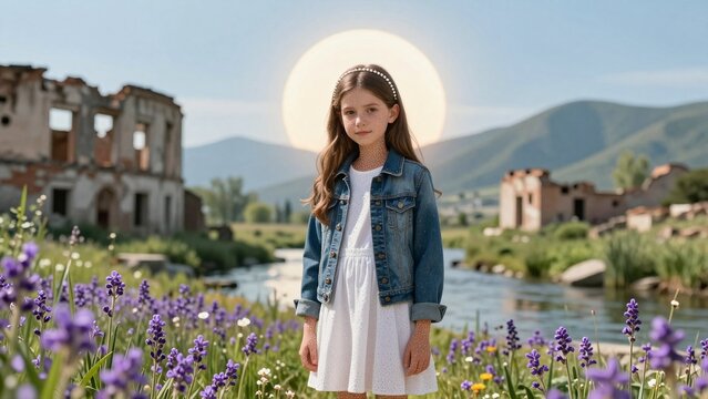 Young Girl in Lavender Field Amidst Ruined Village and Mountain Landscape