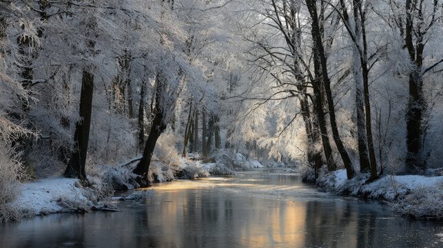 the trees in the snow-covered forest by the stream, their branches heavy with ice and frost, shimmering under the sunlight that filters through them
