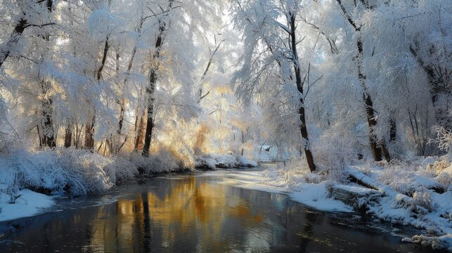 the trees in the snow-covered forest by the stream, their branches heavy with ice and frost, shimmering under the sunlight that filters through them
