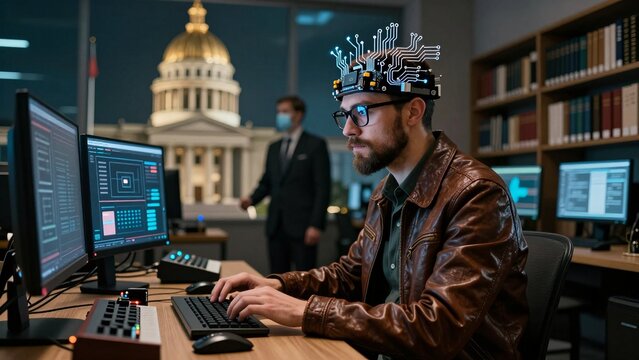 Tech Specialist with Neural Interface Working at Capitol Office Desk