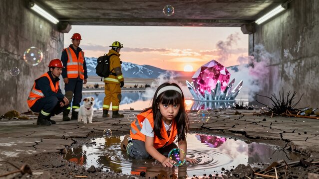 Safety Gear in Industrial Tunnel with Child, Bubbles, and Crystal at Sunset