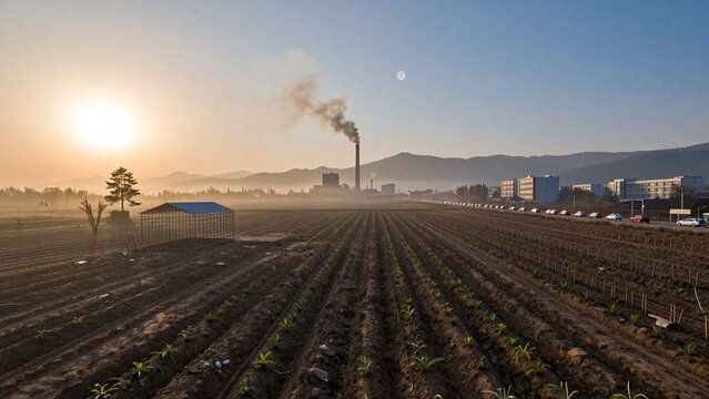 Sunrise over agricultural fields with industrial smokestack and urban backdrop