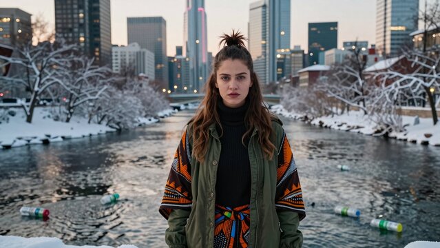 Winter Urban Scene with Woman by Snowy River Near Skyscrapers