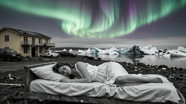 Woman Sleeping Under Aurora Borealis in Arctic Landscape
