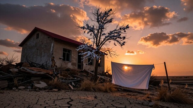 Derelict House Amidst Drought-Stricken Landscape at Sunset