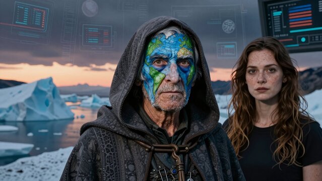 Climate Activist with Earth-Painted Face and Scientist in Arctic Futuristic Scene