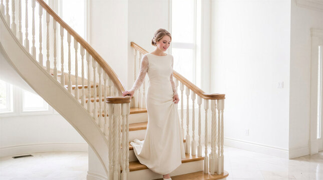 Woman bride in elegant white wedding dress descending staircase in luxury bright interior. Bridal fashion and happy marriage celebration concept for wedding ceremony invitation