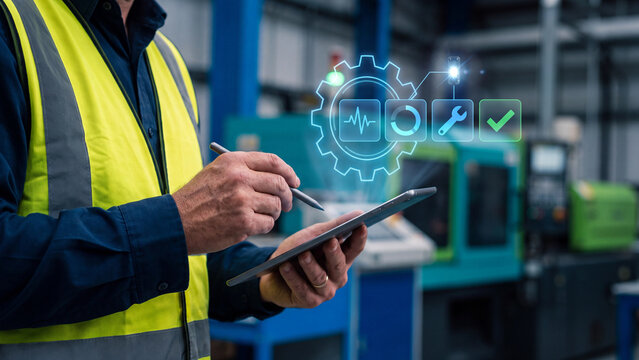 Predictive Maintenance and Equipment Monitoring Concept, engineer using tablet with holographic gear, health pulse, wrench and checkmark icons for industrial machine maintenance technology