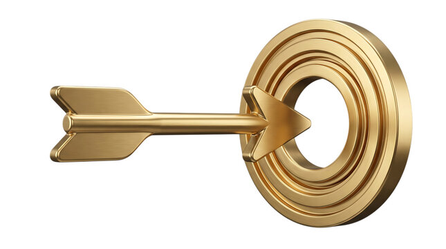 A gold arrow hitting the center of a target isolated on transparent background