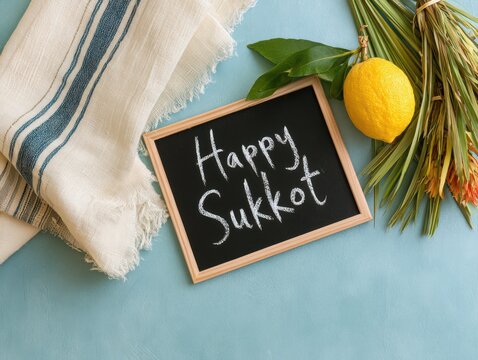 Happy sukkot chalkboard sign with lemon and palm fronds