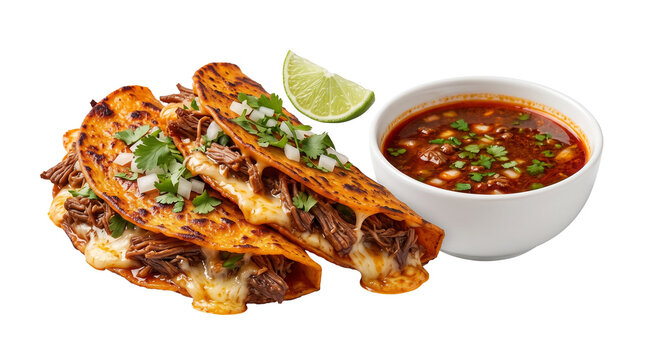 Authentic beef birria tacos with melted cheese, traditional Mexican quesabirria with consomme dipping sauce, isolated on white