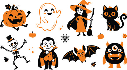 Fototapeta premium A delightful collection of classic halloween characters including ghosts pumpkins witches and monsters for spooky season celebrations and festive decorations