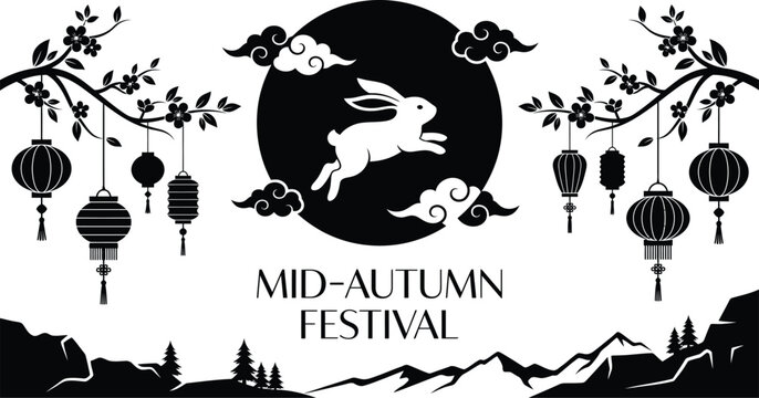 A beautiful black and white illustration depicting the traditional mid autumn festival in china featuring a jumping rabbit and hanging paper lanterns