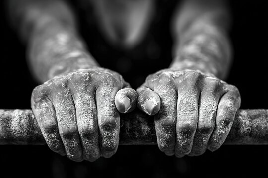 close-up of gymnast&rsquo;s hands gripping uneven bars