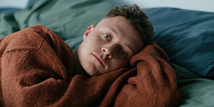 Close intimate bedroom portrait of young man in brown sweater lying on green sheets for moody lifestyle background and emotional editorial use
