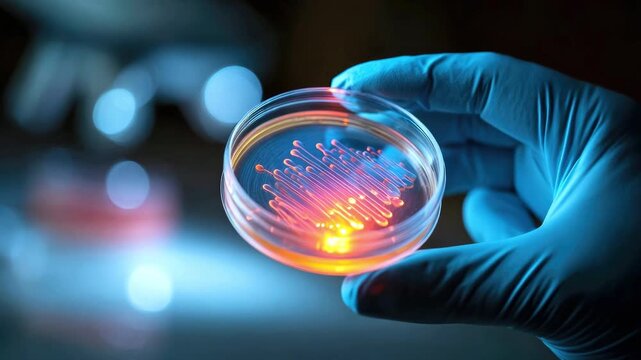 A scientist's hand in a protective blue glove holds a glass Petri dish with a luminous substance in a laboratory. Concept scientific research, bioengineering