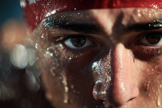competitive swimmer&rsquo;s focused face at race start
