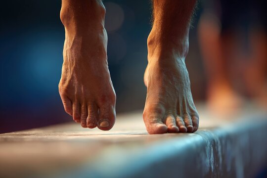 close-up of gymnast&rsquo;s feet landing softly