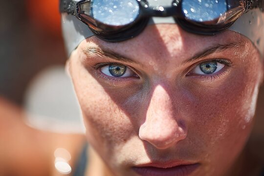 competitive swimmer&rsquo;s focused face at race start