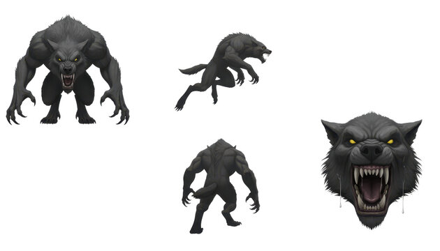 Set of Fierce Werewolf Poses and Detailed Head Portrait