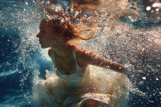 dreamy underwater shot of swimmer in flowing dress