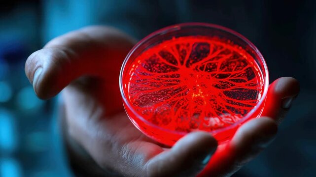A scientist's hand in a protective blue glove holds a glass Petri dish with a luminous substance in a laboratory. Concept scientific research, bioengineering
