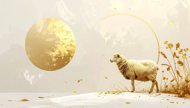 Minimal New Year illustration of a golden sheep beside a large gold sun on cream